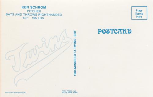 1984 Minnesota Twins Postcards #NNO Ken Schrom Back