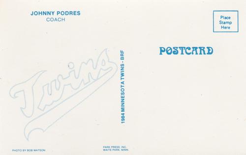 1984 Minnesota Twins Postcards #NNO Johnny Podres Back