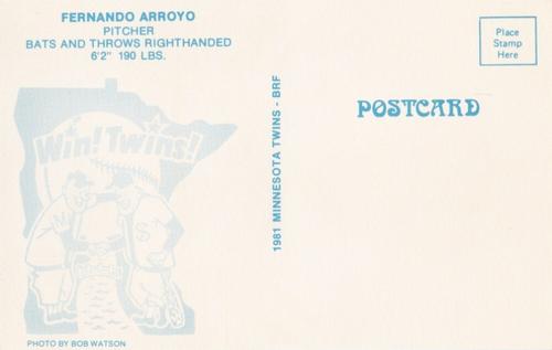 1981 Minnesota Twins Postcards #NNO Fernando Arroyo Back