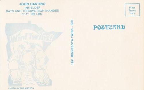 1981 Minnesota Twins Postcards #NNO John Castino Back