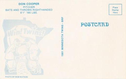 1981 Minnesota Twins Postcards #NNO Don Cooper Back