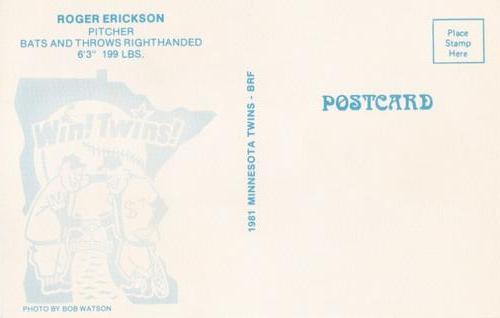 1981 Minnesota Twins Postcards #NNO Roger Erickson Back
