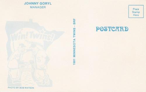 1981 Minnesota Twins Postcards #NNO John Goryl Back