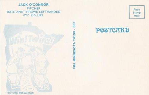 1981 Minnesota Twins Postcards #NNO Jack O'Connor Back