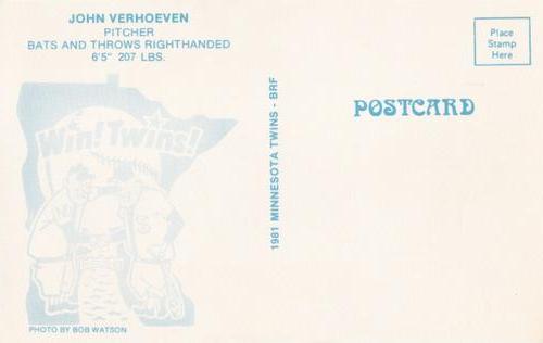 1981 Minnesota Twins Postcards #NNO John Verhoeven Back