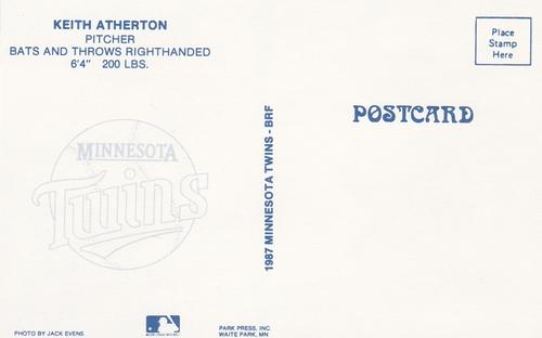 1987 Minnesota Twins Postcards #NNO Keith Atherton Back