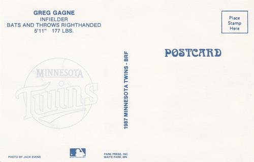 1987 Minnesota Twins Postcards #NNO Greg Gagne Back