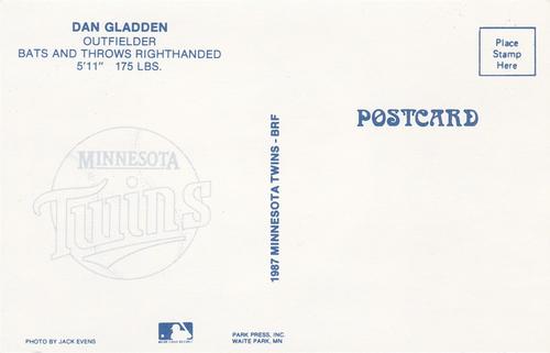 1987 Minnesota Twins Postcards #NNO Dan Gladden Back