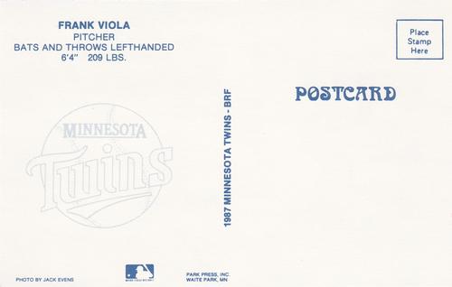 1987 Minnesota Twins Postcards #NNO Frank Viola Back