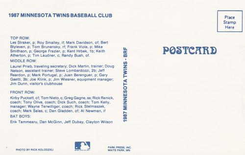 1987 Minnesota Twins Postcards #NNO Team Photo Back