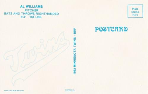 1982 Minnesota Twins Postcards #NNO Al Williams Back