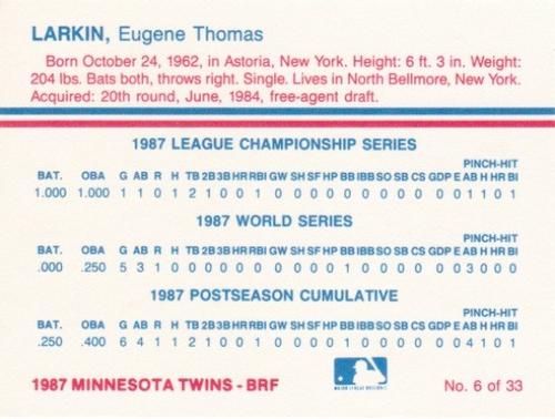 1987 Minnesota Twins World Championship #6 Gene Larkin Back