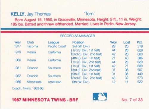 1987 Minnesota Twins World Championship #7 Tom Kelly Back