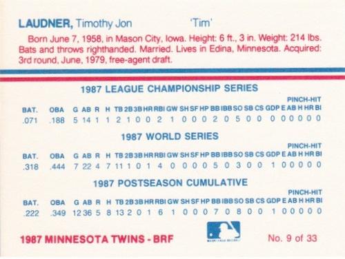 1987 Minnesota Twins World Championship #9 Tim Laudner Back