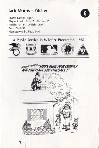 1987 Smokey Bear's Fire Prevention Team American League #6 Jack Morris Back