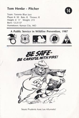1987 Smokey Bear's Fire Prevention Team American League #14 Tom Henke Back
