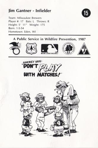 1987 Smokey Bear's Fire Prevention Team American League #15 Jim Gantner Back