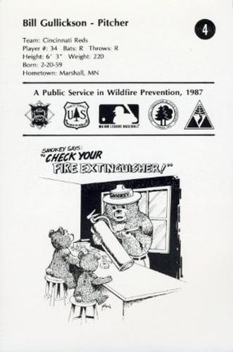 1987 Smokey Bear's Fire Prevention Team National League #4 Bill Gullickson Back