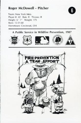 1987 Smokey Bear's Fire Prevention Team National League #6 Roger McDowell Back