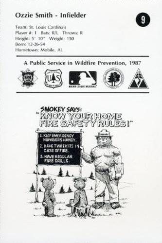 1987 Smokey Bear's Fire Prevention Team National League #9 Ozzie Smith Back