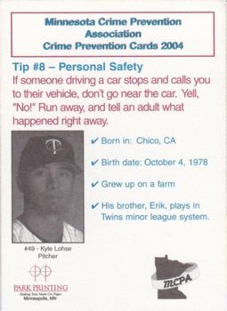 2004 Minnesota Twins Police #8 Kyle Lohse Back