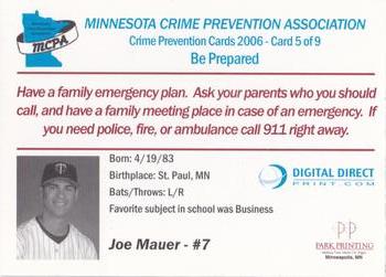 2006 Minnesota Twins Police #5 Joe Mauer Back