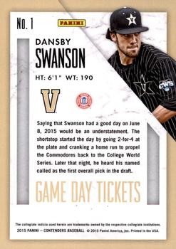 2015 Panini Contenders - Game Day Tickets #1 Dansby Swanson Back