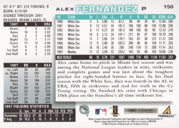 1998 Score #150 Alex Fernandez Back