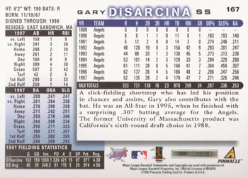 1998 Score #167 Gary DiSarcina Back