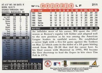 1998 Score #211 Wil Cordero Back