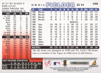 1998 Score #199 Cecil Fielder Back