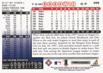 1998 Score #209 Tom Goodwin Back