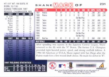 1998 Score #231 Shane Mack Back