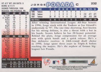 1998 Score #232 Jorge Posada Back