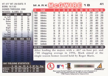 1998 Score #41 Mark McGwire Back