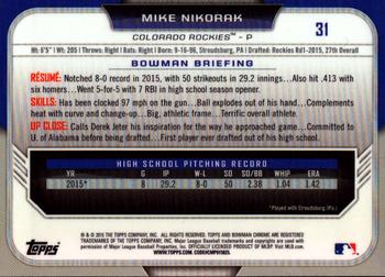 2015 Bowman Draft - Chrome #31 Mike Nikorak Back