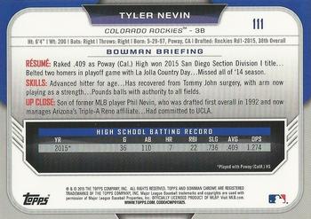 2015 Bowman Draft - Chrome #111 Tyler Nevin Back