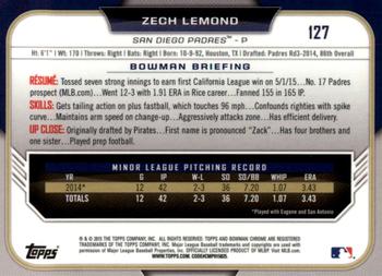 2015 Bowman Draft - Chrome Blue Sky Refractors #127 Zech Lemond Back