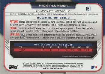 2015 Bowman Draft - Chrome Blue Sky Refractors #151 Nick Plummer Back