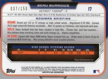 2015 Bowman Draft - Chrome Blue Refractors #17 Beau Burrows Back
