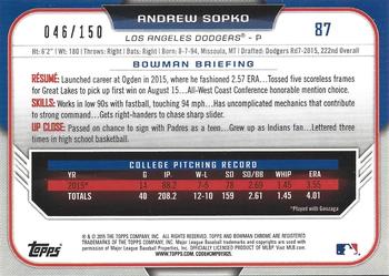 2015 Bowman Draft - Chrome Blue Refractors #87 Andrew Sopko Back