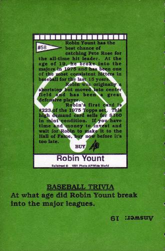 1991 Ballstreet - Oversized #58 Robin Yount Back