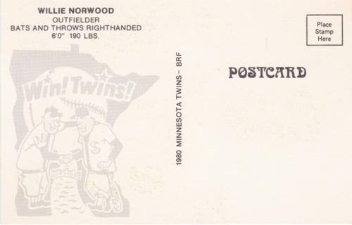 1980 Minnesota Twins Postcards #NNO Willie Norwood Back