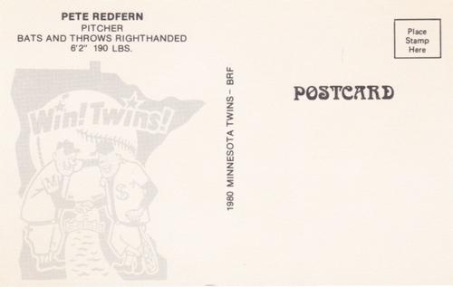 1980 Minnesota Twins Postcards #NNO Pete Redfern Back