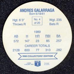 1990 Holsum Discs #4 Andres Galarraga Back