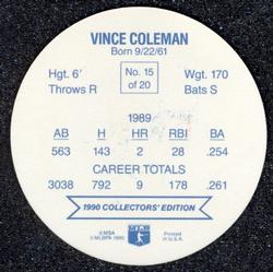 1990 Holsum Discs #15 Vince Coleman Back
