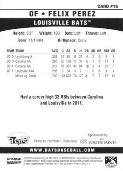 2012 Choice Louisville Bats #16 Felix Perez Back