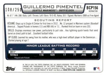 2012 Bowman Chrome - Prospects Blue Refractor #BCP156 Guillermo Pimentel Back