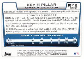 2012 Bowman Chrome - Prospects Blue Wave #BCP119 Kevin Pillar Back