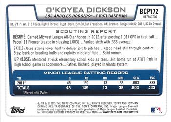 2012 Bowman Chrome - Prospects Blue Wave #BCP172 O'Koyea Dickson Back